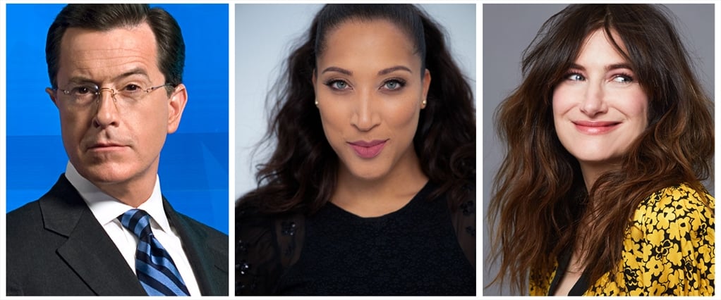Stephen Colbert, Robin Thede, and Kathryn Hahn headshots