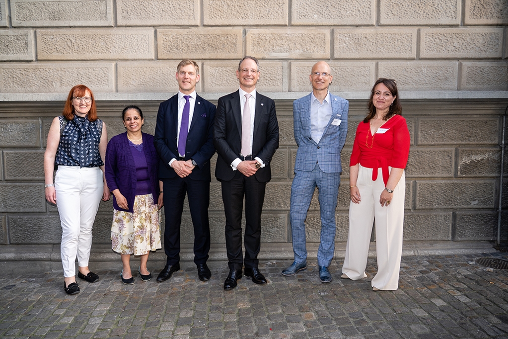 From left, newly elected NU Club of Switzerland board members Therese Burke ’15 MBA, Barbara Rübel ’93 MBA, Bernd Ehle ’00 LLM, Luca Jelmoni ’02 MBA, Fabian Meier ’97 MS, and Ana Diaz ’01 MBA